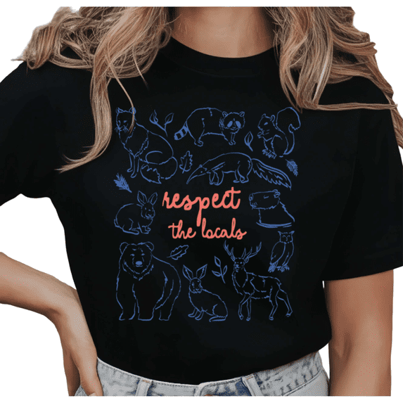 Women's Retro Respect The Locals Forest Animals Line Art Graphic T Shirt Casual Short Sleeve Round Neck Top Black S-5XL
