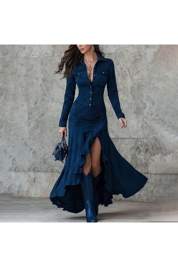 Women's Retro Slim Fit Stand Collar Maxi Dress with Side Slit, Western Style Button Front Long Formal Dress for Wedding Guest, Evening Party and Date Night Blue M