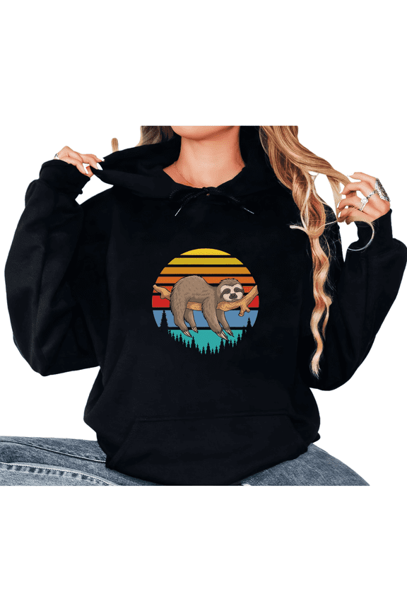 Women's Retro Sloth Sunset Graphic Breathable Hoodie Top Casual Comfortable Hooded long-sleeved Black S-2XL