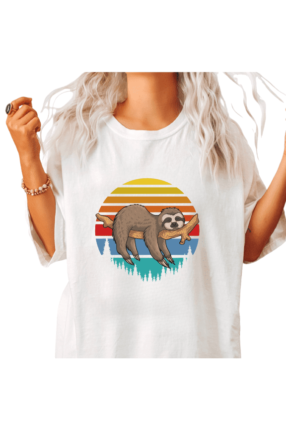 Women's Retro Sloth Sunset Graphic Cotton T Shirt Casual Breathable Short Sleeve Round Neck Top White S-5XL