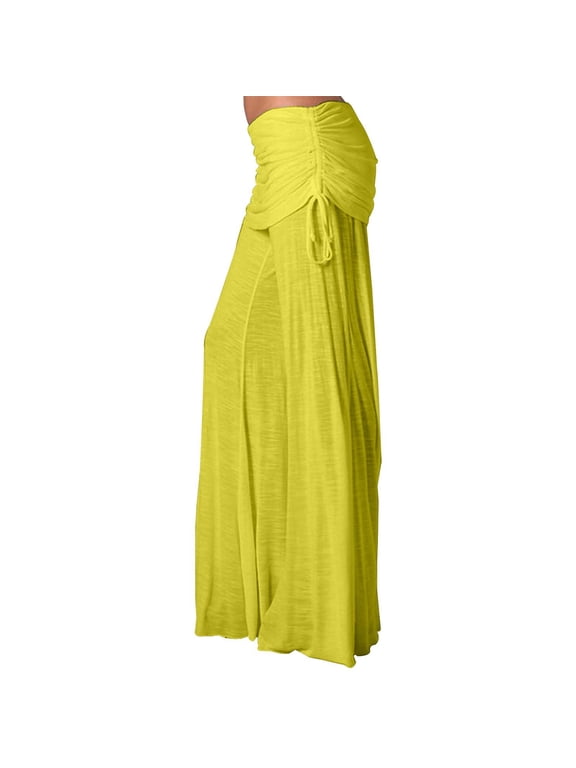 Women's Retro Solid Mid-Waist Flared Pants Elastic Women's Drawstring Flared Pants Solid Color Loose Casual Sports Pants,Micro Trumpet Dance Pants(XXXL, Yellow)