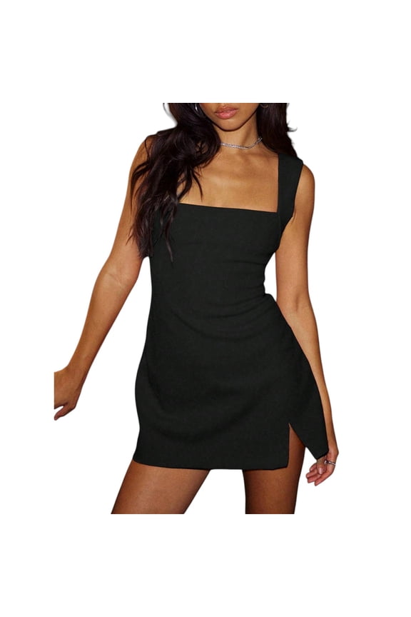 Women's Retro Square Neck Bodycon Mini Dress with Side Split – Elegant Party Wedding Guest Outfit