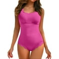 thumbnail image 1 of Women's Retro Square Neck Scalloped Ribbed One Piece Swimsuit - Medium Coverage Bathing Suit with Back Cutout, 1 of 6