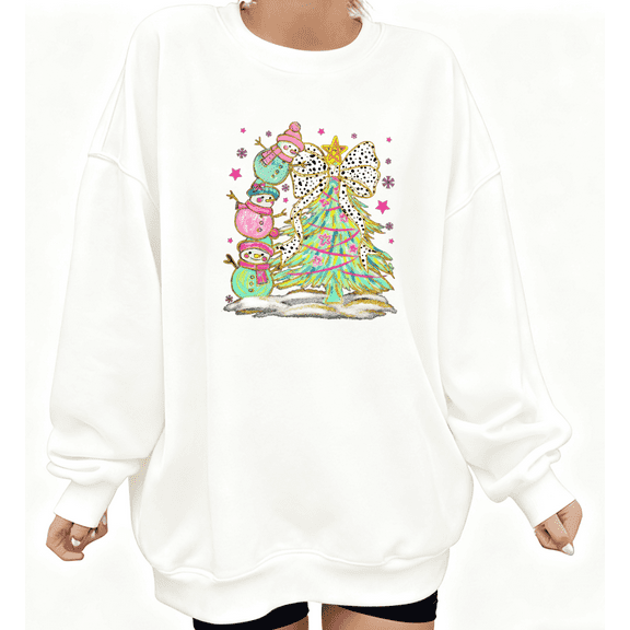 Women's Retro Stacked Snowman Colorful Tree Bow Star Graphic Cotton Round-neck Long-sleeved Sweatshirt White S-3XL