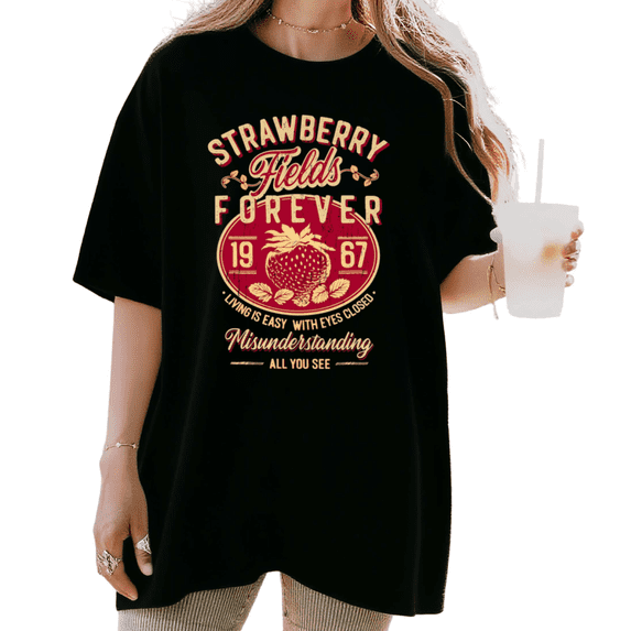 Women's Retro Strawberry Fields Forever 1967 Graphic Tee Vintage Music Lover Short Sleeve Round Neck Top Black S-5XL