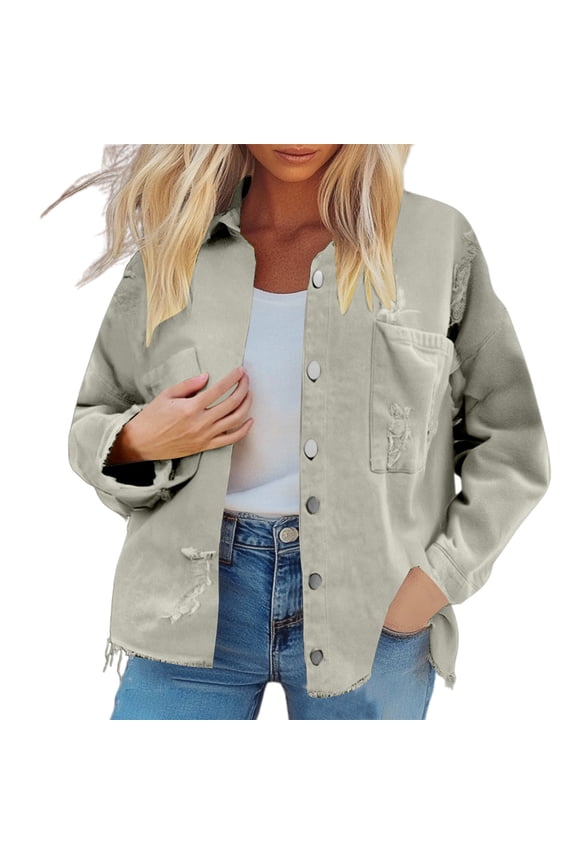 Women's Retro Street Style Denim Jacket Long Sleeve, Edge Design, Collared, Durable, for Fashionable Casual Look