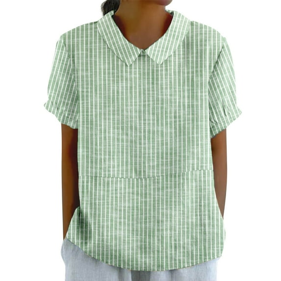 Women's Retro Striped Button Down Shirt Lapel Collar Relaxed Summer Top Green L