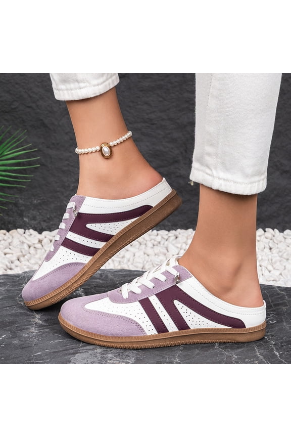 Women's Retro Striped Lace-Up Sport Sandals, Slip-On Suede and Leather, Rubber-Soled Casual Walking Mules