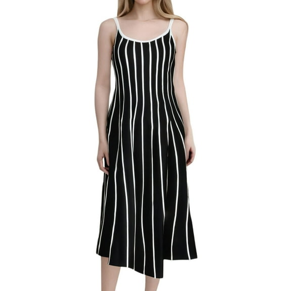 Women's Retro Striped Patchwork Dress, Sleeveless, Slim Fit, Color Contrast, Polyester & Spandex, Multiple Sizes