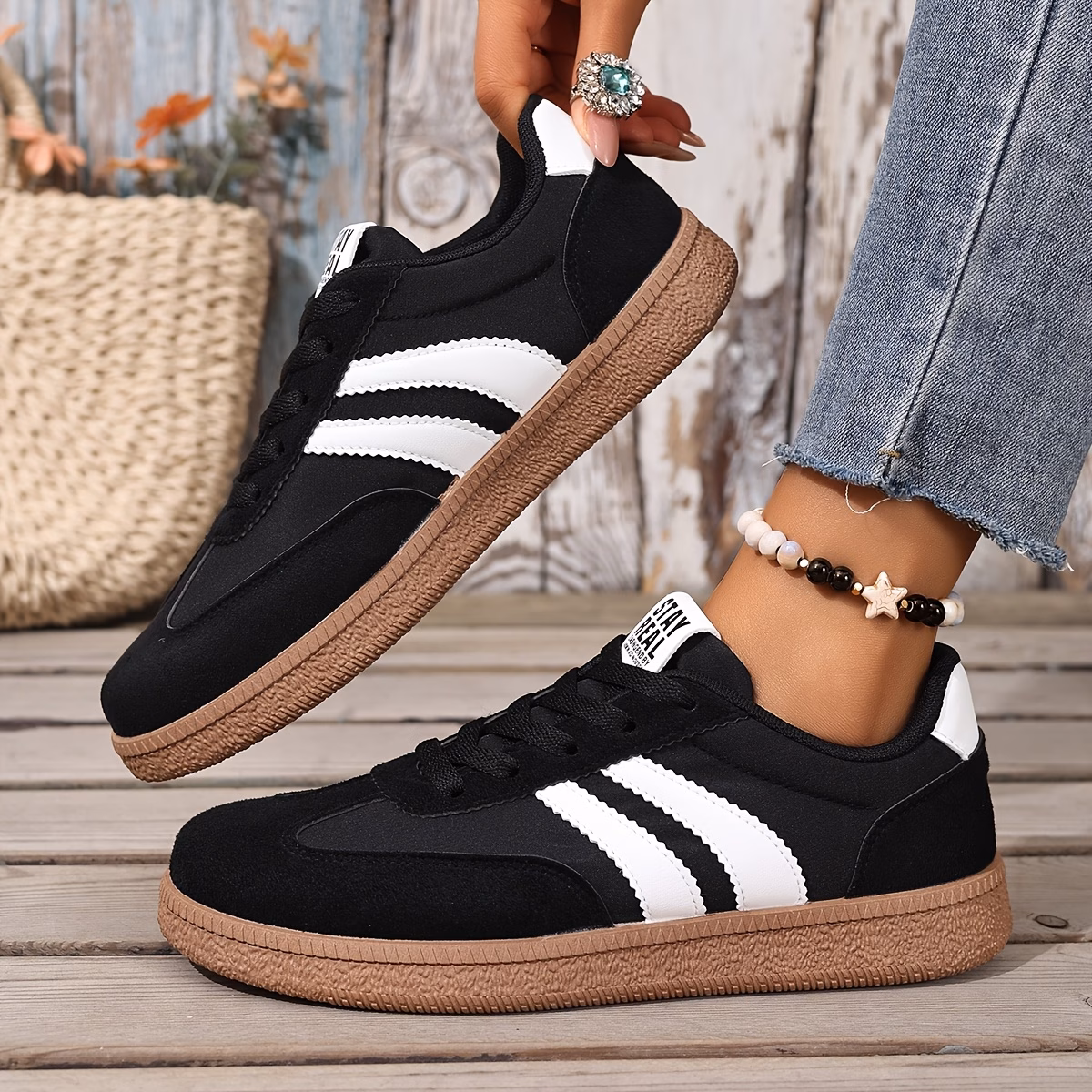 Women’s Retro Striped Platform Sneakers, Soft Cushioned Gum Sole Casual Walking Shoes