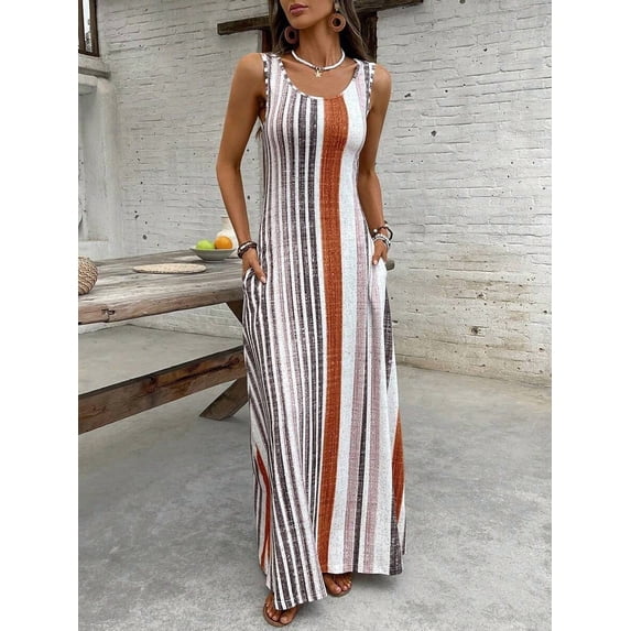 Women's Retro Striped Sleeveless Round Neck Maxi Dress