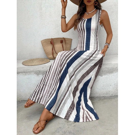 Women's Retro Striped Sleeveless Round Neck Maxi Dress