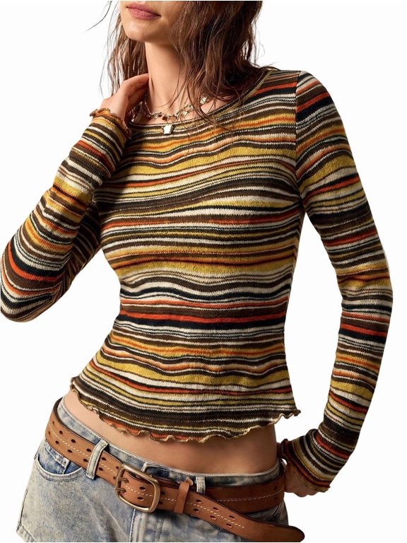 Women's Retro Striped Slim Fit Cropped Long Sleeve Knit Top Color Pattern XL