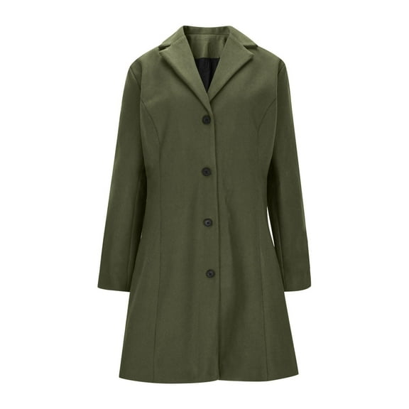 Women's Retro Style Trench Coat, Solid Color Notched Lapel Button Front Coat, Business Casual A-Line Mid-Length Coat, Slim Fit Wool Blend Jacket for Women, Classic Fall and Spring Outerwear Green M