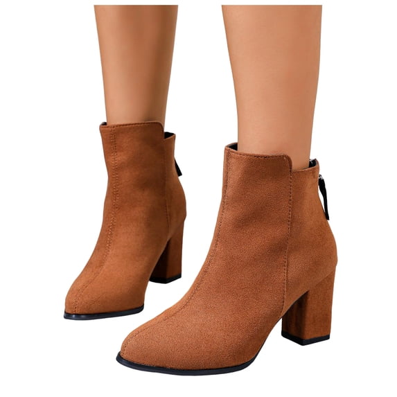Women's Retro Suede Ankle Boots Almond Toe Chunky Block Heel Back Zipper Short Booties for Business Work