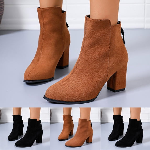 Women's Retro Suede Ankle Boots Almond Toe Chunky Block Heel Back Zipper Short Booties for Business Work