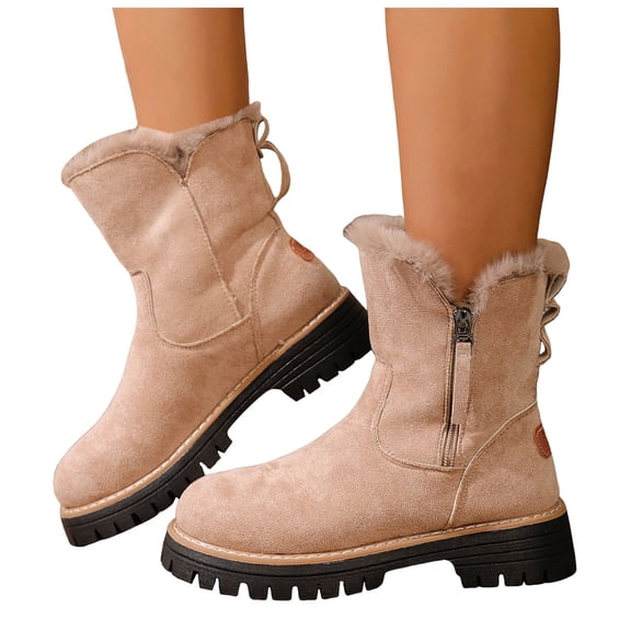 Women's Retro Suede Fleece Lined Mid Calf Boots Casual Round Toe Platform Non Slip Winter Warm Cowboy Booties Beige Size 9