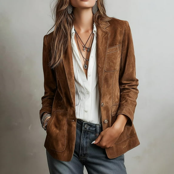 Women's Retro Suede Leather Jacket, Notch Lapel Single Breasted Work Coat, Slim Fit Casual Blazer, Elegant Outerwear, Vintage Style Trench Coat, Comfortable Daily Wear Brown L