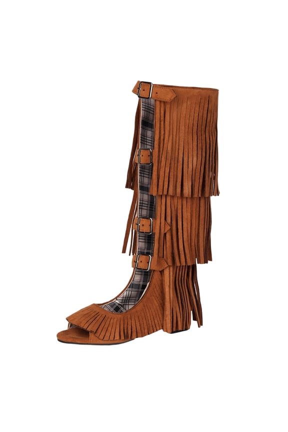 Women's Retro Suede Open Toe Knee High Boots Buckle Strap Flat Sandals Lightweight Gothic Dressy Shoes Yellow Size 7
