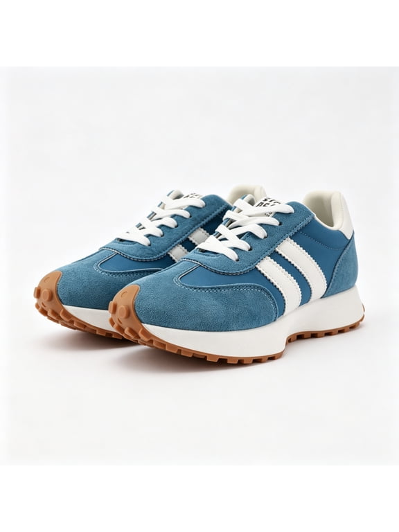 Women's Retro Suede Platform Sneakers, Blue White Striped Running Walking Shoes, Fashion Gum Sole Casual Athletic Trainer Sneakers for Daily Wear