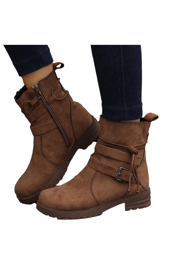 Women's Retro Suede Western Boots Chunky Heel Slouch Ankle Short Booties Vintage Buckle Cowgirl Boots with Side Zip