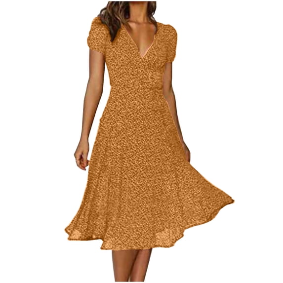 Women's Retro Summer Midi Dresses Polka Dot Printed V Neck Short Sleeve Beach Party Dress High Waist A-Line Sun Dress