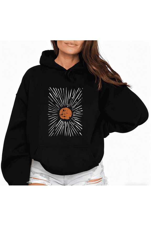 Women's Retro Sunburst Graphic Hoodie Casual Top Vintage Style Comfortable Hooded long-sleeved Black S-2XL