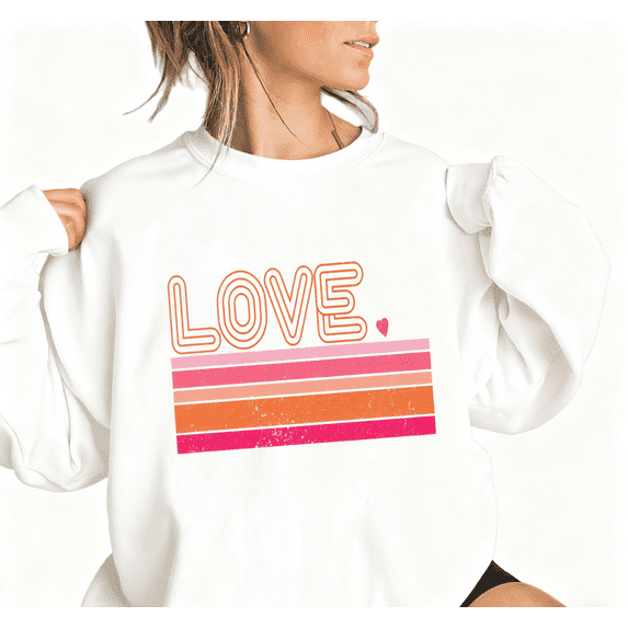 Women's Retro Sweatshirt - Neon LOVE Sign Print Long Seeves Tops - Vintage 80s Valentine’s Day Glow for Date Night & Romantic Pullover