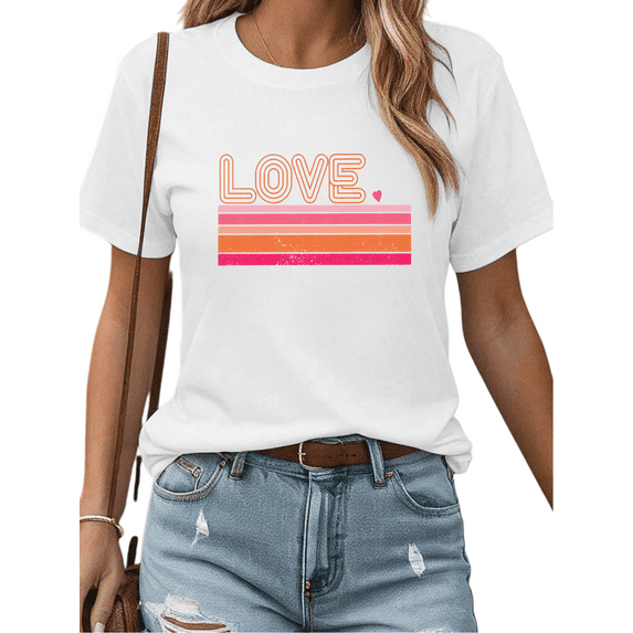 Women's Retro T-Shirt - Neon LOVE Sign Print Short Sleeve Tee - Vintage 80s Valentine’s Day Glow for Date Night & Romantic Tops