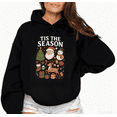 thumbnail image 1 of Women's Retro Tis The Season Christmas Graphic Cotton Hooded Long-Sleeved Sweatshirt Black S-2XL, 1 of 7