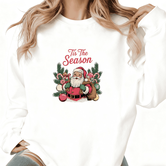 Women's Retro Tis The Season Santa Candy Cane Ornament Pine Star Graphic Cotton Round-neck Long-sleeved Sweatshirt White S-3XL