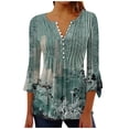 thumbnail image 1 of Women's Retro Tshirts Aztec Pullover Tunic Tops Button V Neck Pleated Shirt Flare 3/4 Sleeve Blouse, 1 of 5
