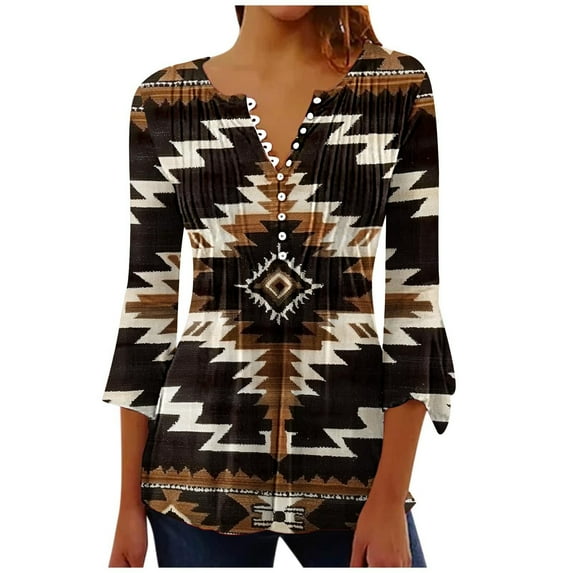Women's Retro Tshirts Aztec Pullover Tunic Tops Button V Neck Pleated Shirt Flare 3/4 Sleeve Blouse