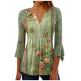 thumbnail image 1 of Women's Retro Tshirts Aztec Pullover Tunic Tops Button V Neck Pleated Shirt Flare 3/4 Sleeve Blouse, 1 of 5