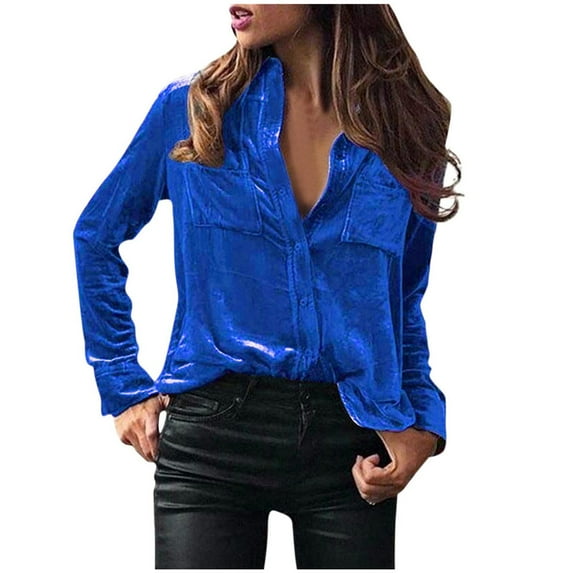 Women's Retro Velvet Blouse Business Casual Solid Color Vintage Vintage Blue Shirts Button Down Tops Long Sleeve Workwear Clothes with Pockets XXL