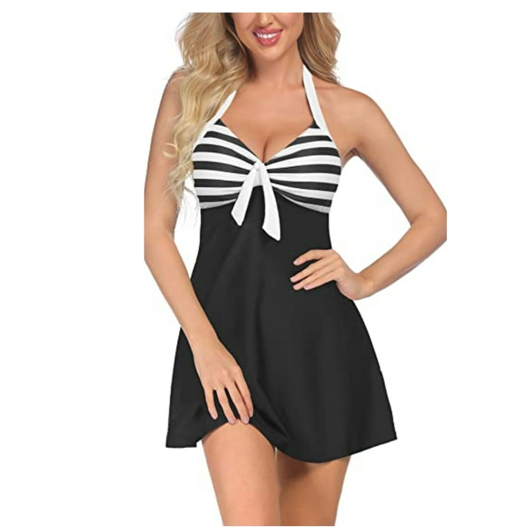 Women s Retro Vintage Skipper One Piece Sailor Swimsuit Pin Up Striped Upper Nautical Halter Swim Dress 2XL