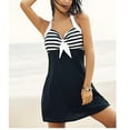 thumbnail image 1 of Women's Retro Vintage Skipper One Piece Sailor Swimsuit Pin Up Striped Upper Plus Size Nautical Halter Swim Dress 4XL, 1 of 8