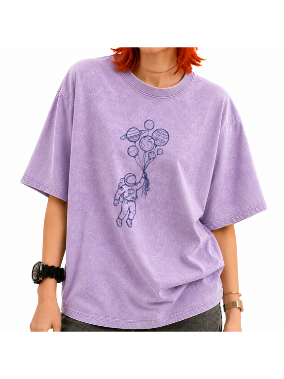 Women's Retro Vintage Washed Astronaut Balloon Planets Graphic Tee Summer Top