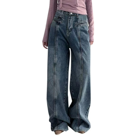 Women's Retro Washed High Waist Loose Straight Jeans Casual Comfortable Stretch Denim Pants with Pocket Split Design