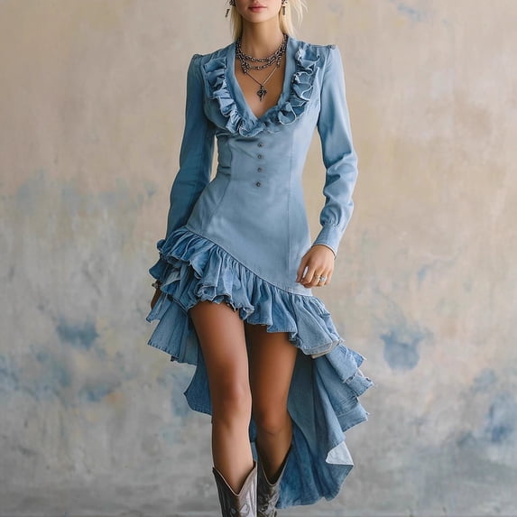 Women's Retro Western Country Style Ruffled No-Wash Denim Dress