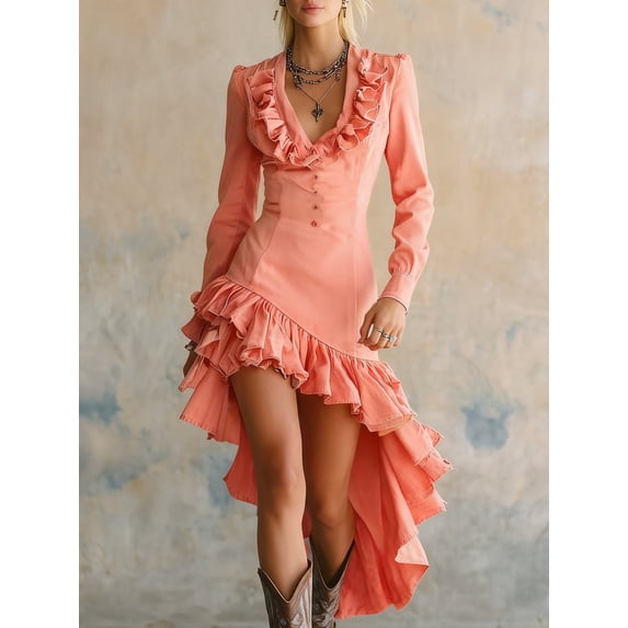 Women's Retro Western Country Style Ruffled No-Wash Denim Dress