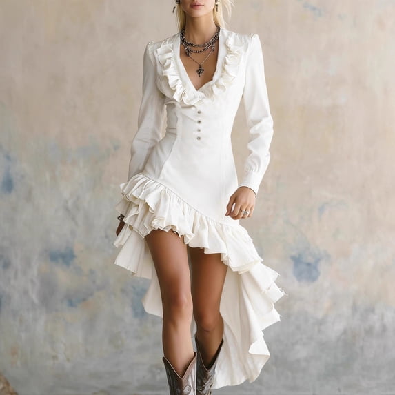 Women's Retro Western Country Style Ruffled No-Wash Denim Dress