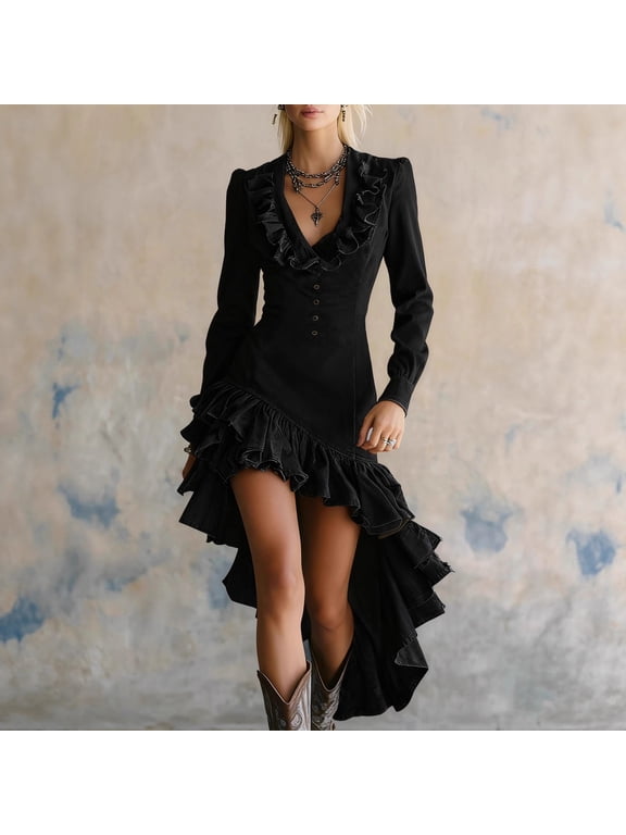 Women's Retro Western Country Style Ruffled No-Wash Denim Dress