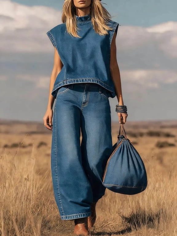 Women's Retro Western Denim Two-Piece Cowboy Casual Set Stand Collar Sleeveless Cropped Waistcoat & Raw Seam Detail High Waist Full Wide Leg Denim Pants