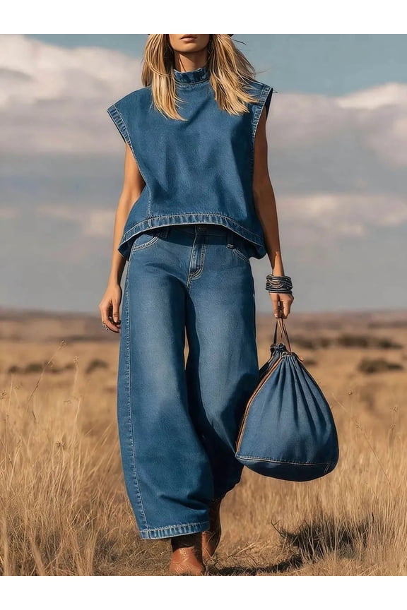 Women's Retro Western Denim Two-Piece Cowboy Casual Set Stand Collar Sleeveless Cropped Waistcoat & Raw Seam Detail High Waist Full Wide Leg Denim Pants