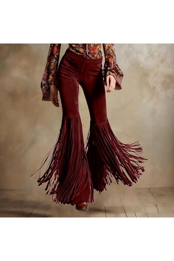 Women's Retro Western Fringe Pants, Soild Color Suede Flare Leggings with Long Knee to Hem Tassels, High Waist Stretchy Bodycon Pants for Club, Streetwear, and Festival Wine XL