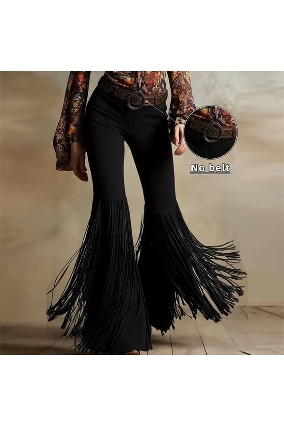 Women's Retro Western Solid Color Suede-Like Flare Pants Bohemian Fringe Detail Pants for Fall/Spring Vacation Black，S
