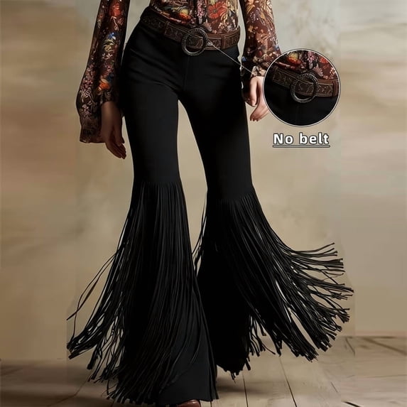 Women's Retro Western Solid Color Suede-Like Flare Pants Bohemian Fringe Detail Pants for Fall/Spring Vacation Black,XL