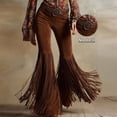 thumbnail image 1 of Women's Retro Western Solid Color Suede-Like Flare Pants Bohemian Fringe Detail Pants for Fall/Spring Vacation Dark Brown，S, 1 of 2