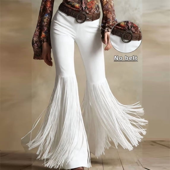 Women's Retro Western Solid Color Suede-Like Flare Pants Bohemian Fringe Detail Pants for Fall/Spring Vacation White,L